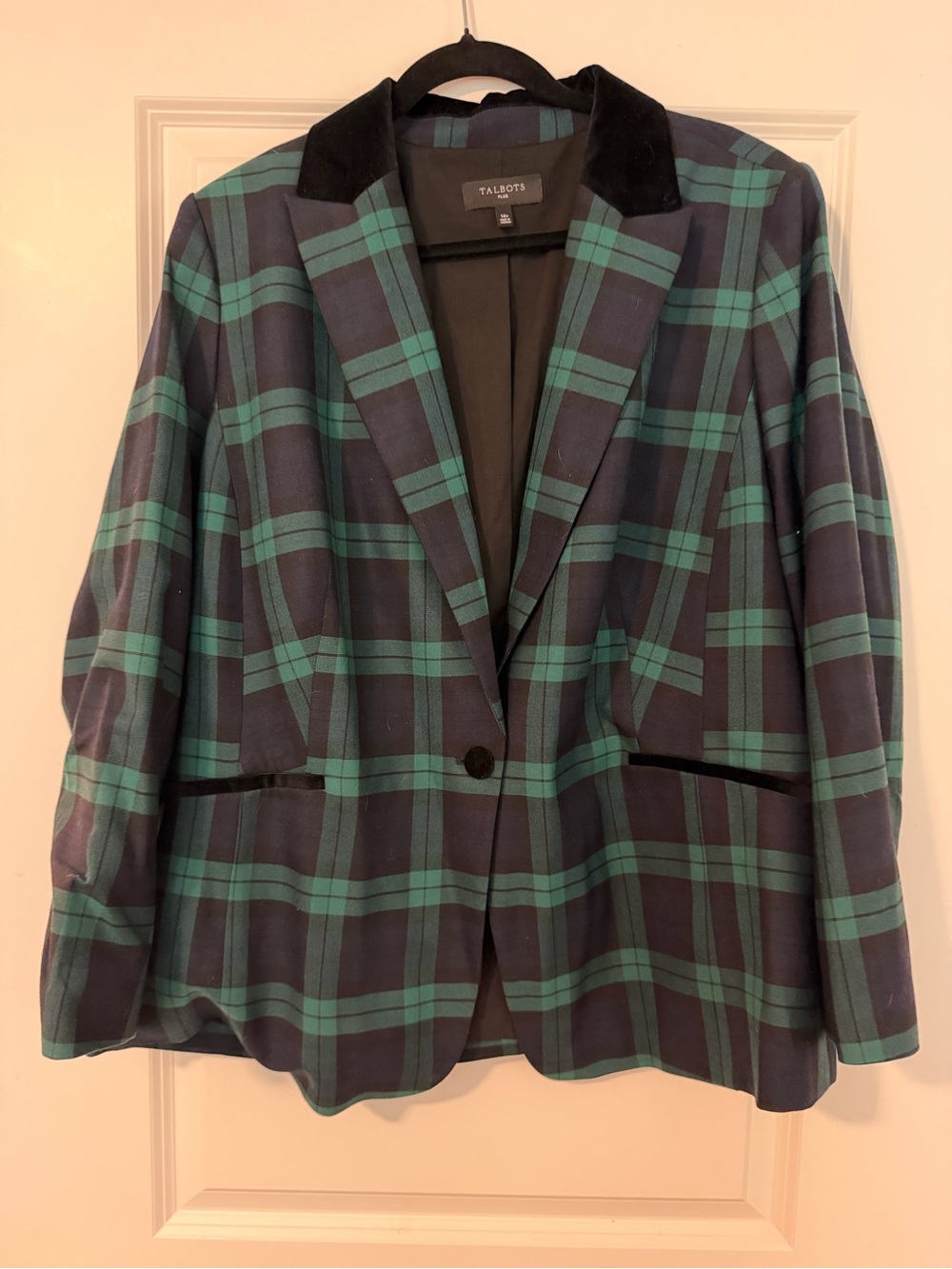 Talbots Navy and Green Plaid Velvet-Collar Blazer